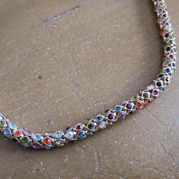 Gloria Vanderbilt Gold Tone Multi Color Rhinestone Encrusted Necklace - Picture 3 of 7